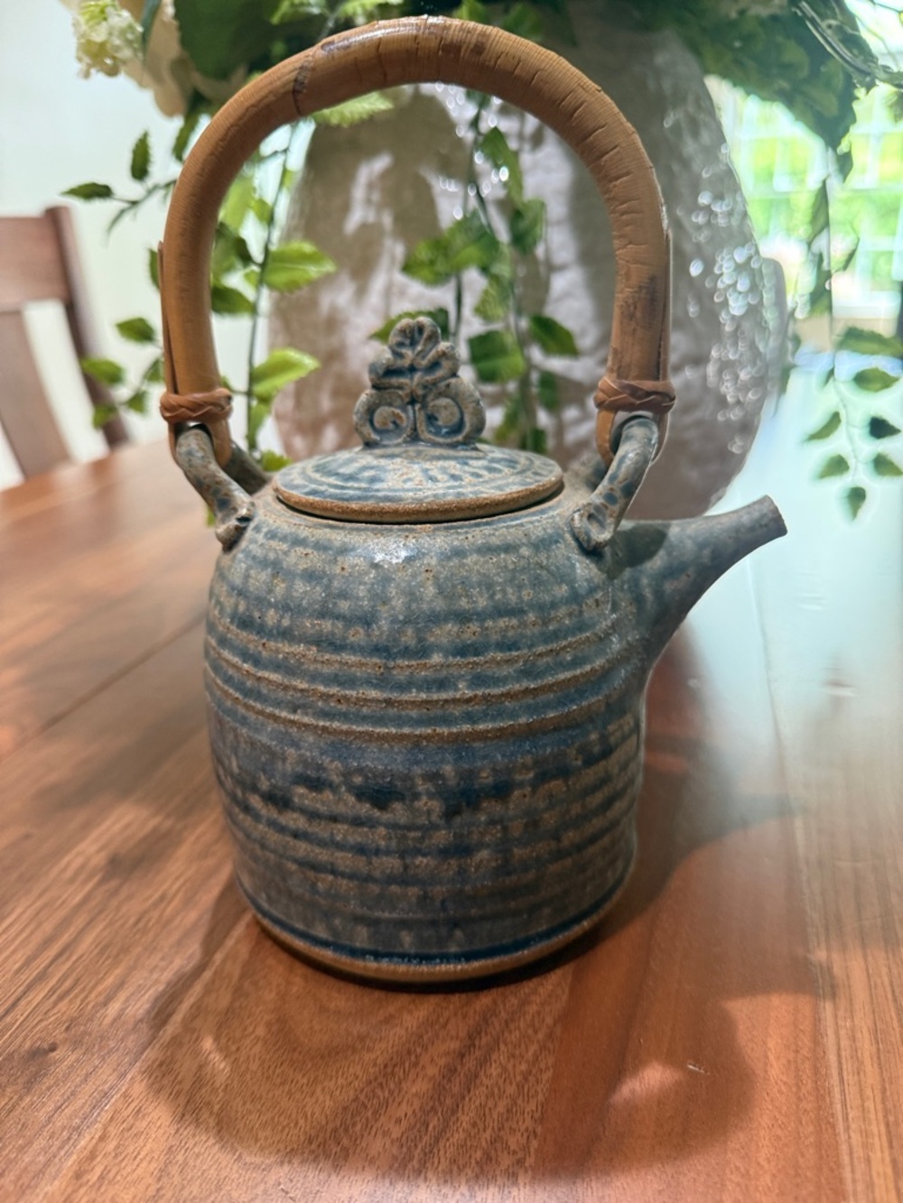 Handmade Blue Ceramic Teapot with Woven Handle